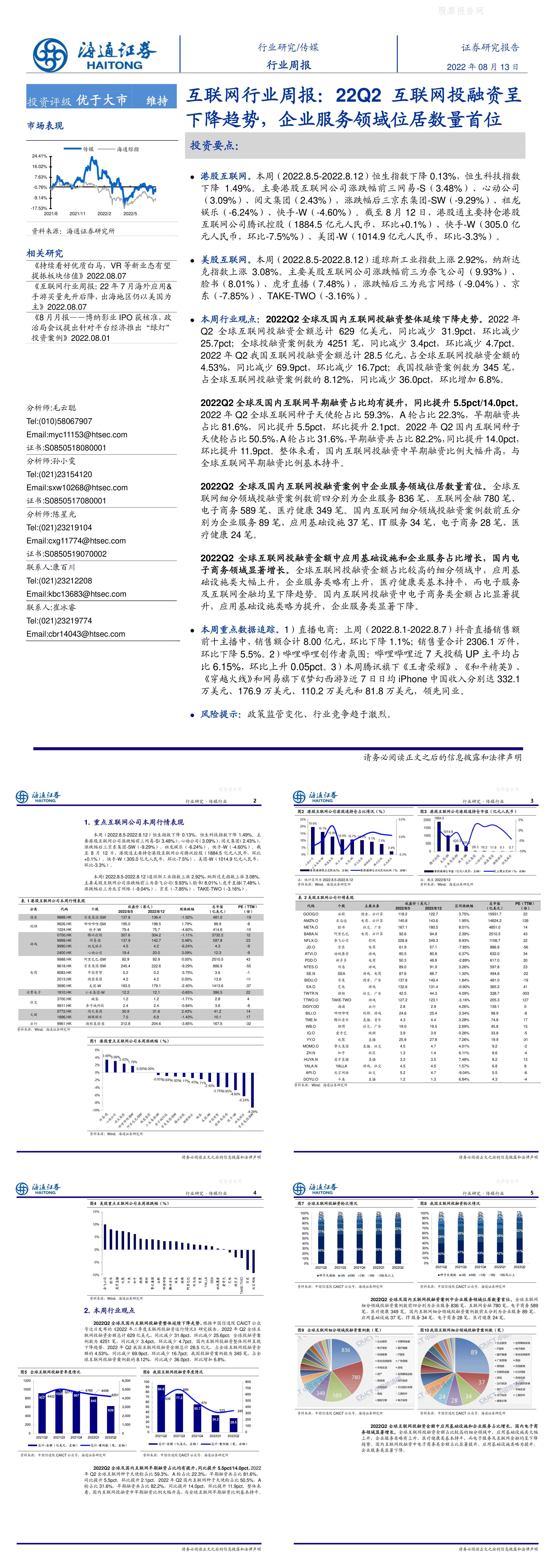 互联网行业周报22Q2互联网投融资呈下降趋势企业服务领域位居