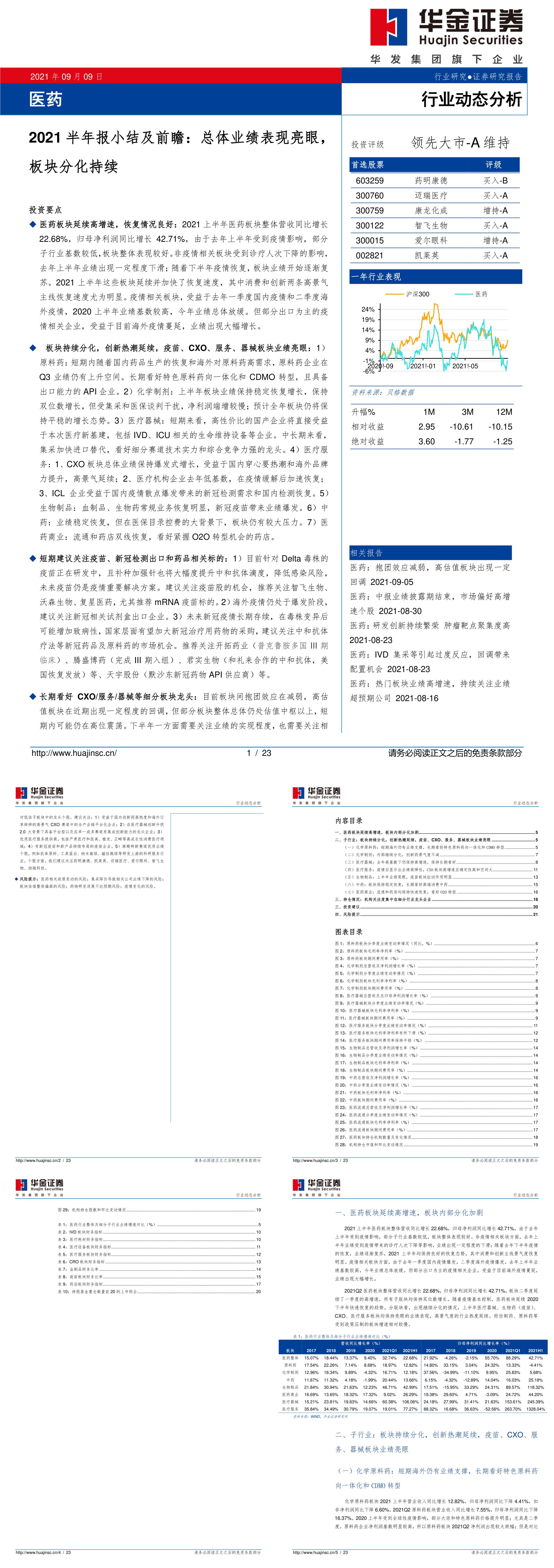 医药行业半年报小结及前瞻总体业绩表现亮眼板块分化持续报告