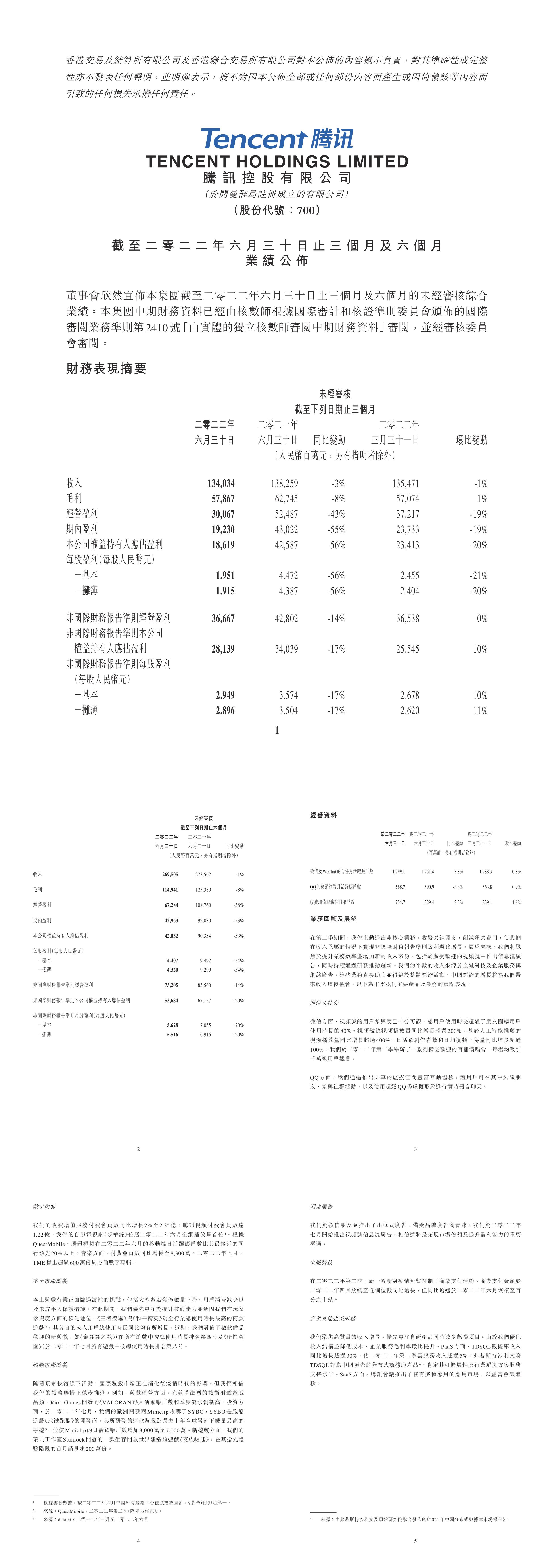 腾讯第二季度及中期财报