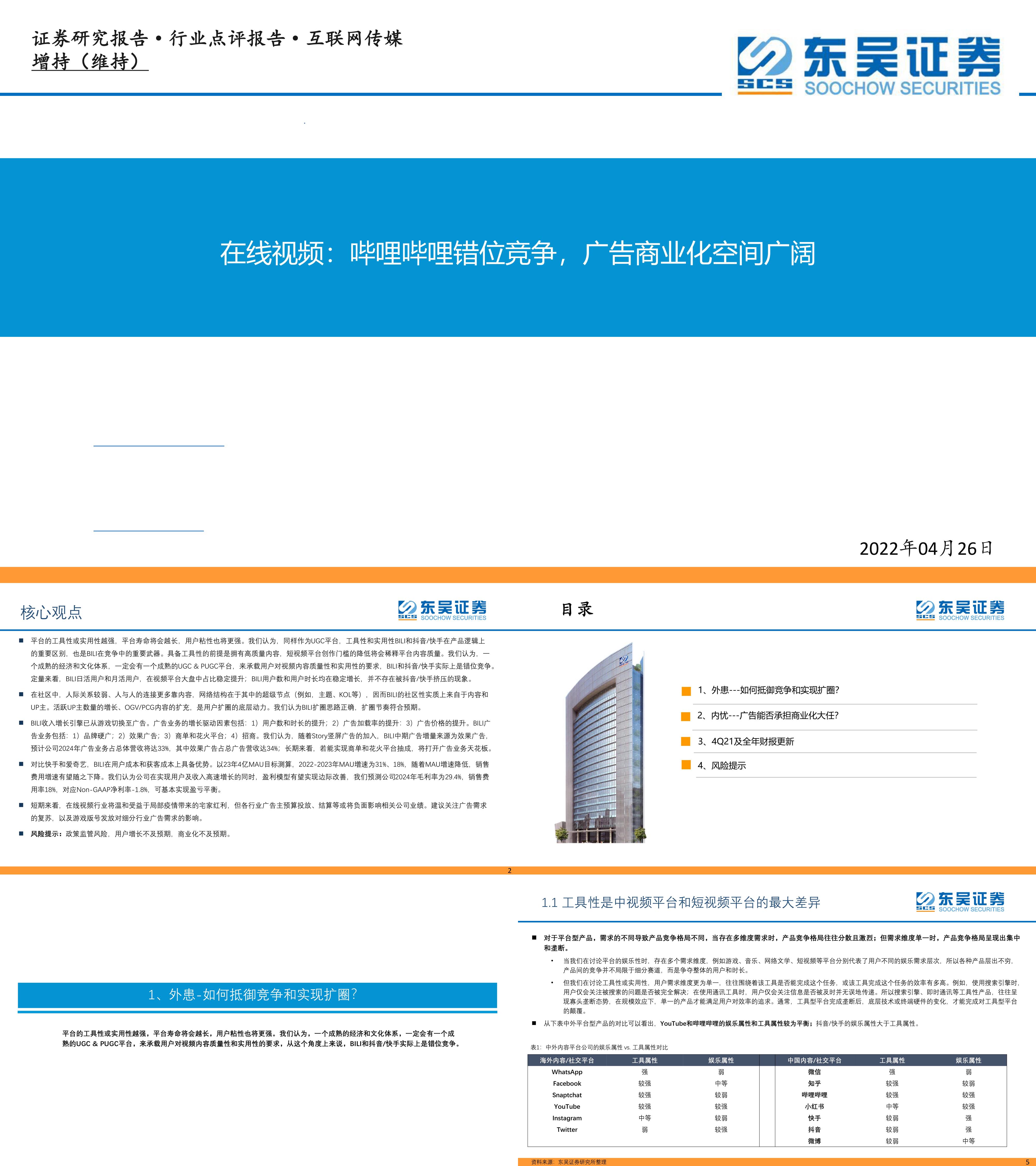 互联网传媒行业在线视频哔哩哔哩错位竞争广告商业化空间广阔东吴