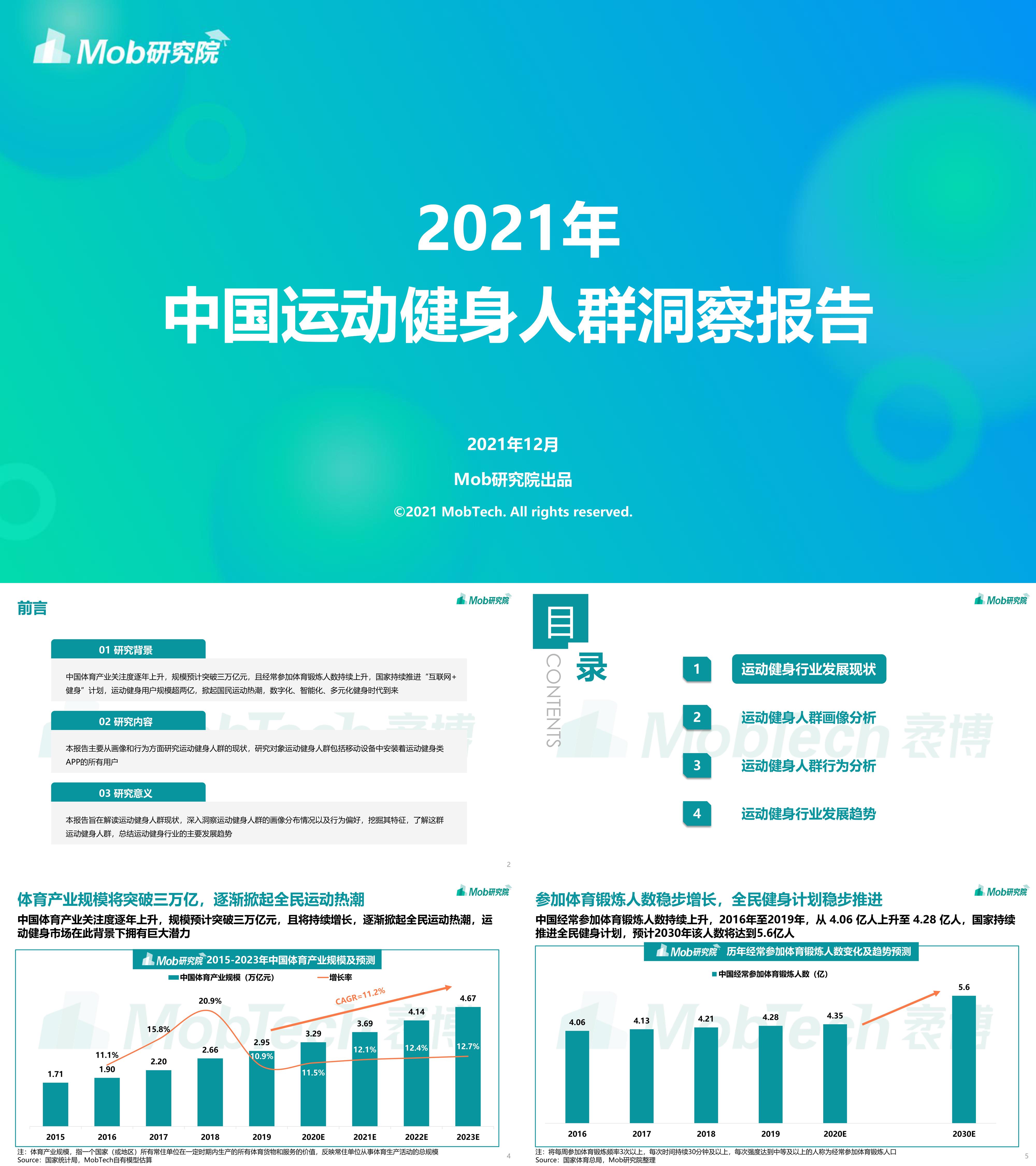 2021年中国运动健身人群洞察报告Mob研究院